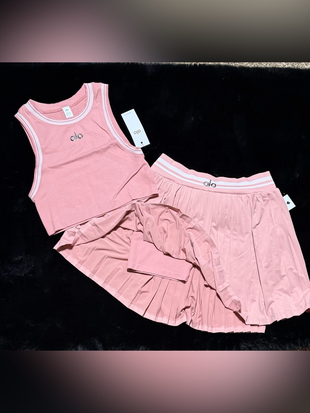 ALO Yoga Pink Ribbed Tank & Pleated Skirt Set